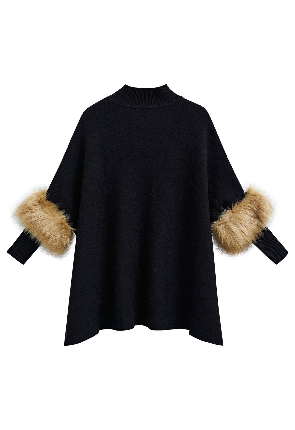 Faux Fur Sleeve Split Hem Knit Poncho in Black