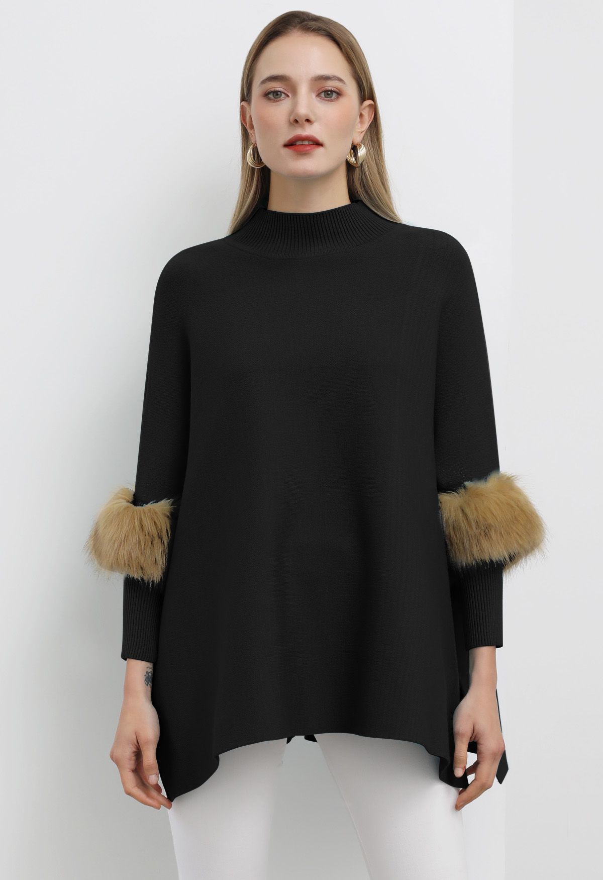 Faux Fur Sleeve Split Hem Knit Poncho in Black