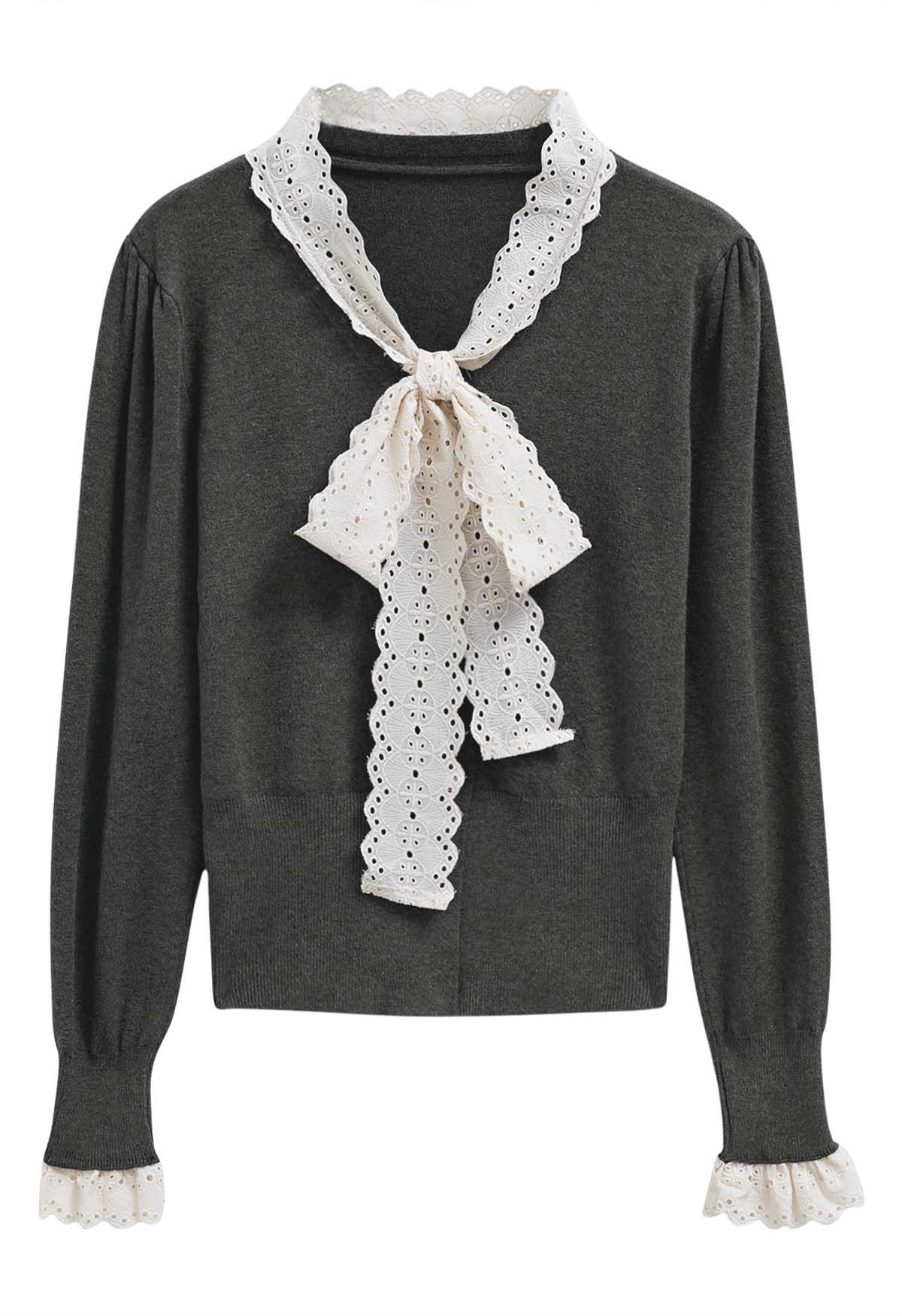 Embroidered Eyelet Bowknot Heart Button Fuzzy Knit Cardigan in Grey