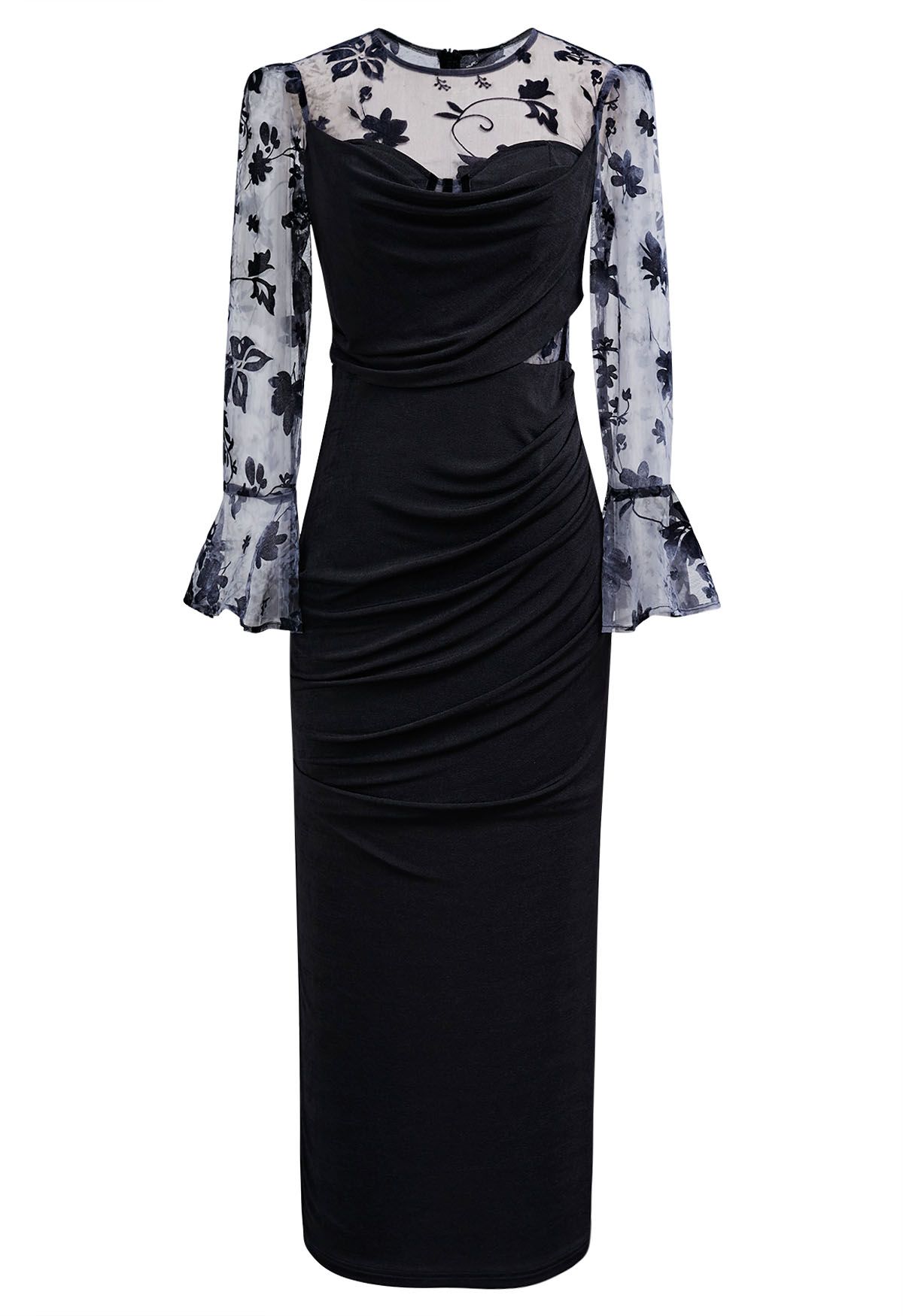 Velvet Floral Mesh Spliced Ruched Bodycon Dress in Black