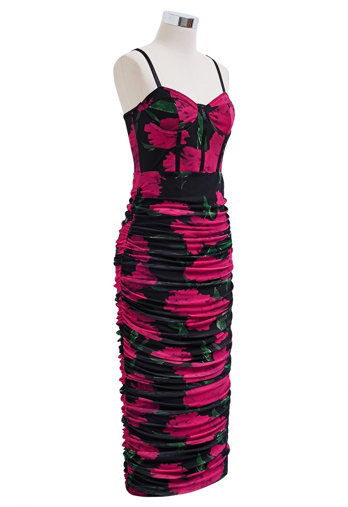 Hot Pink Floral Ruched Mesh Cami Dress