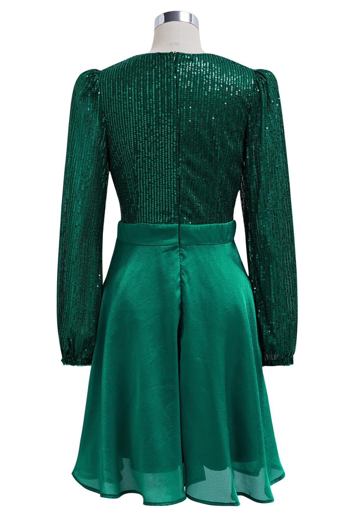 Plunging Spliced Sequined Skater Dress in Emerald