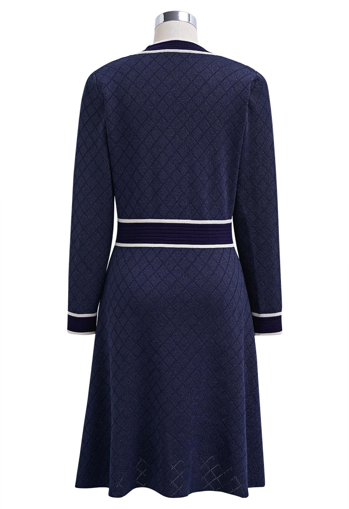 Contrast Details Shimmer Knit Eyelet Dress in Navy