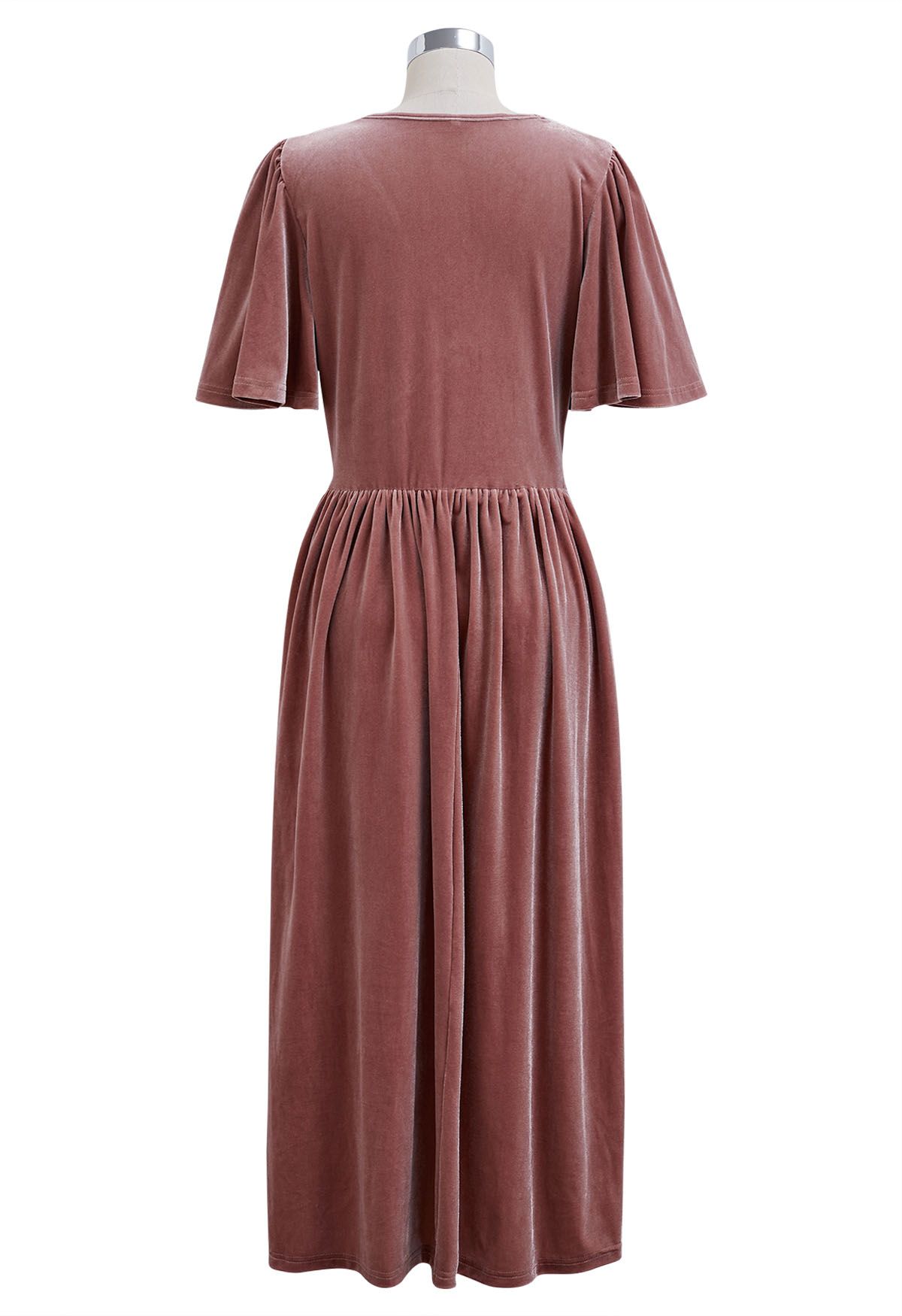 V-Neck Flutter Sleeve Velvet Dress in Pink