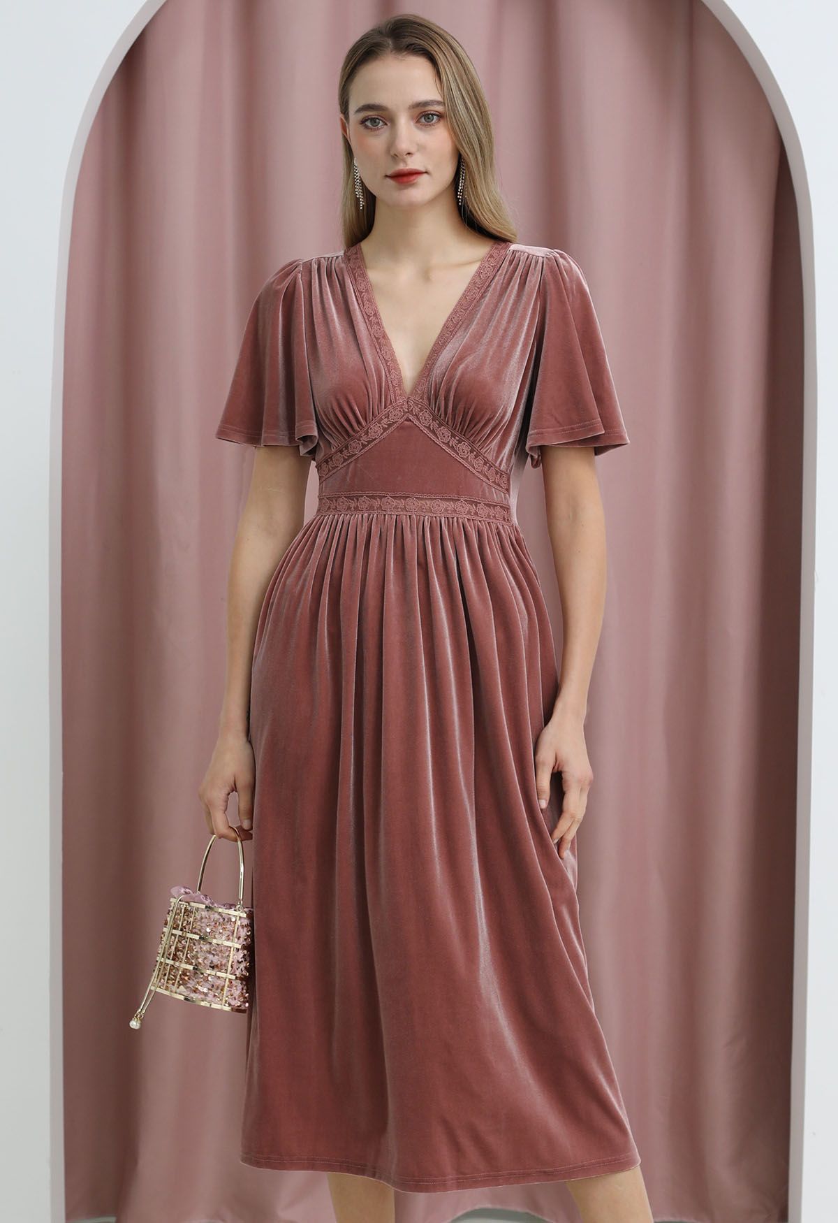 V-Neck Flutter Sleeve Velvet Dress in Pink