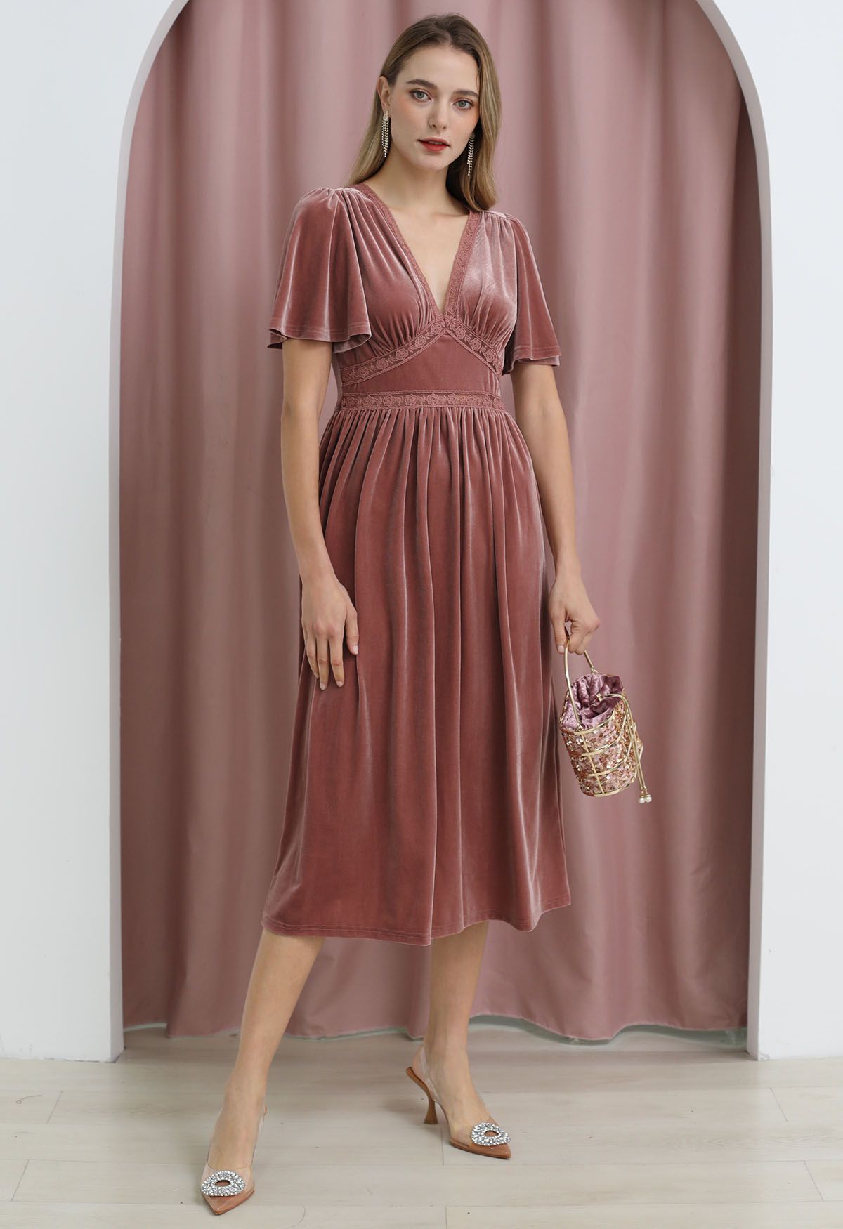 V-Neck Flutter Sleeve Velvet Dress in Pink