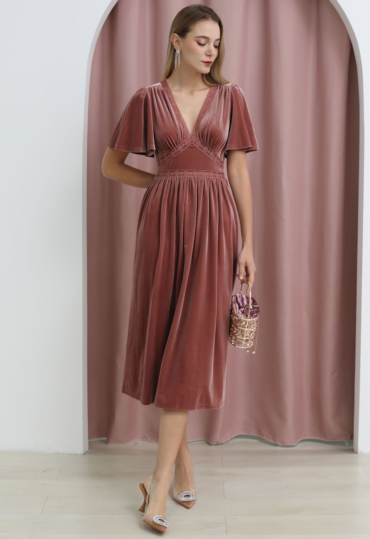 V-Neck Flutter Sleeve Velvet Dress in Pink