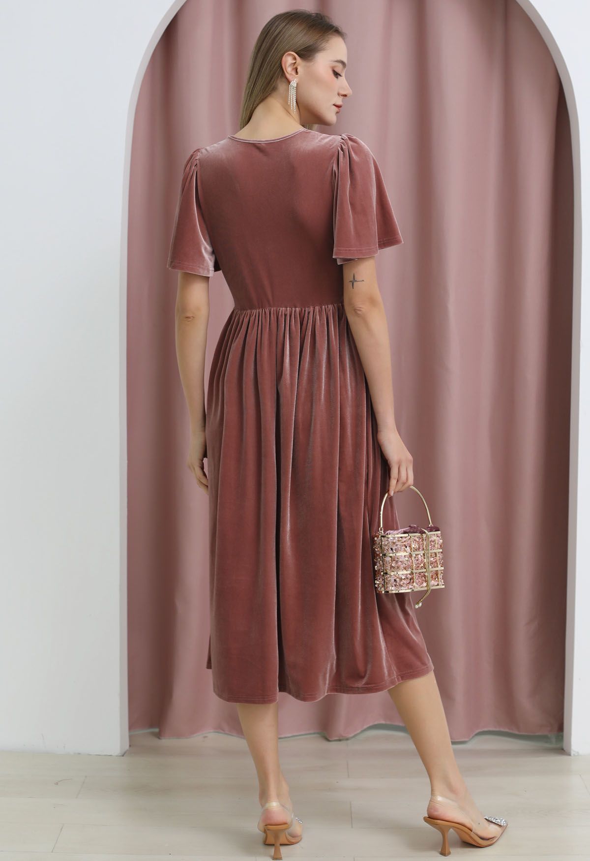 V-Neck Flutter Sleeve Velvet Dress in Pink