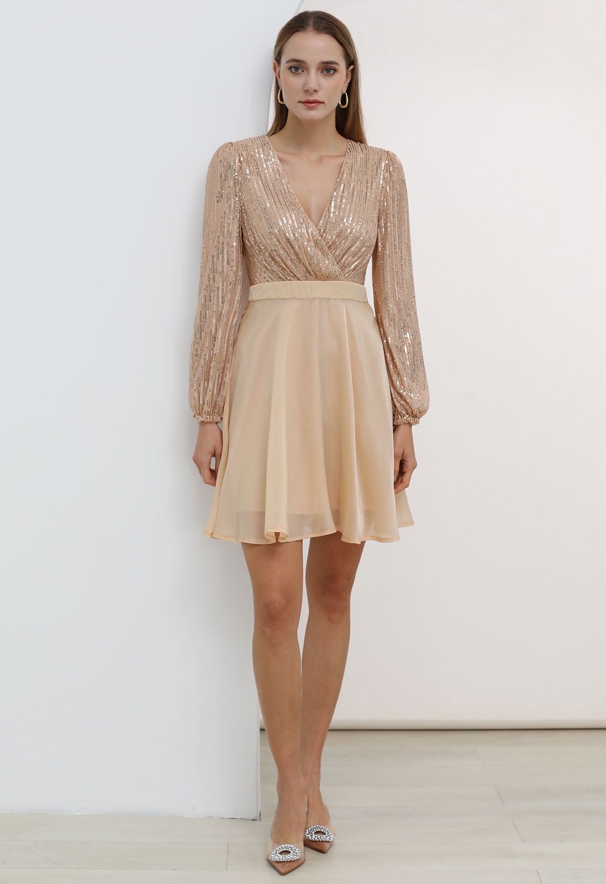 Plunging Spliced Sequined Skater Dress in Apricot