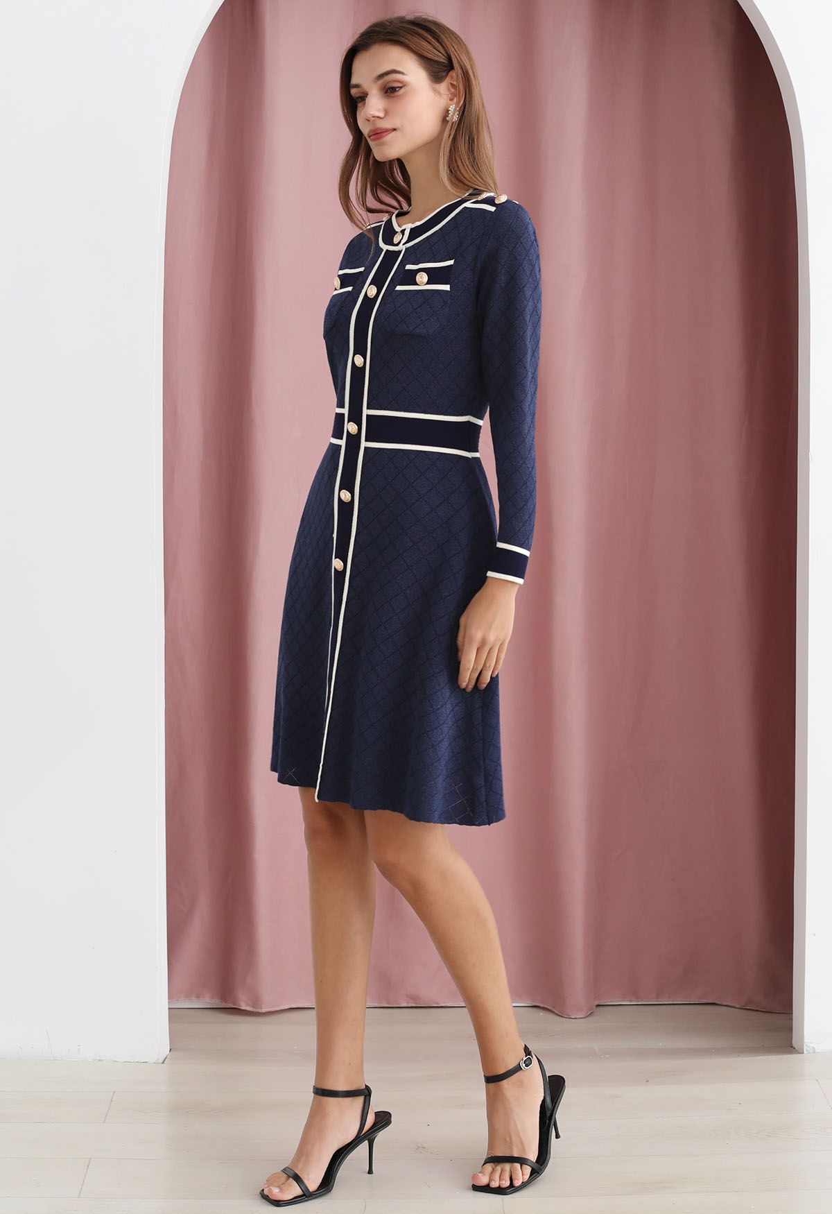 Contrast Details Shimmer Knit Eyelet Dress in Navy