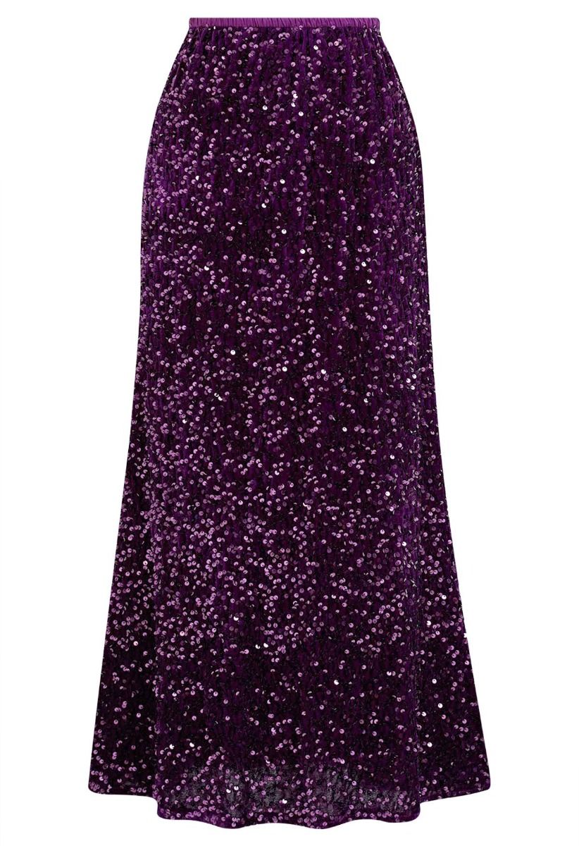 Dazzling Dream Sequin Velvet Maxi Skirt in Purple