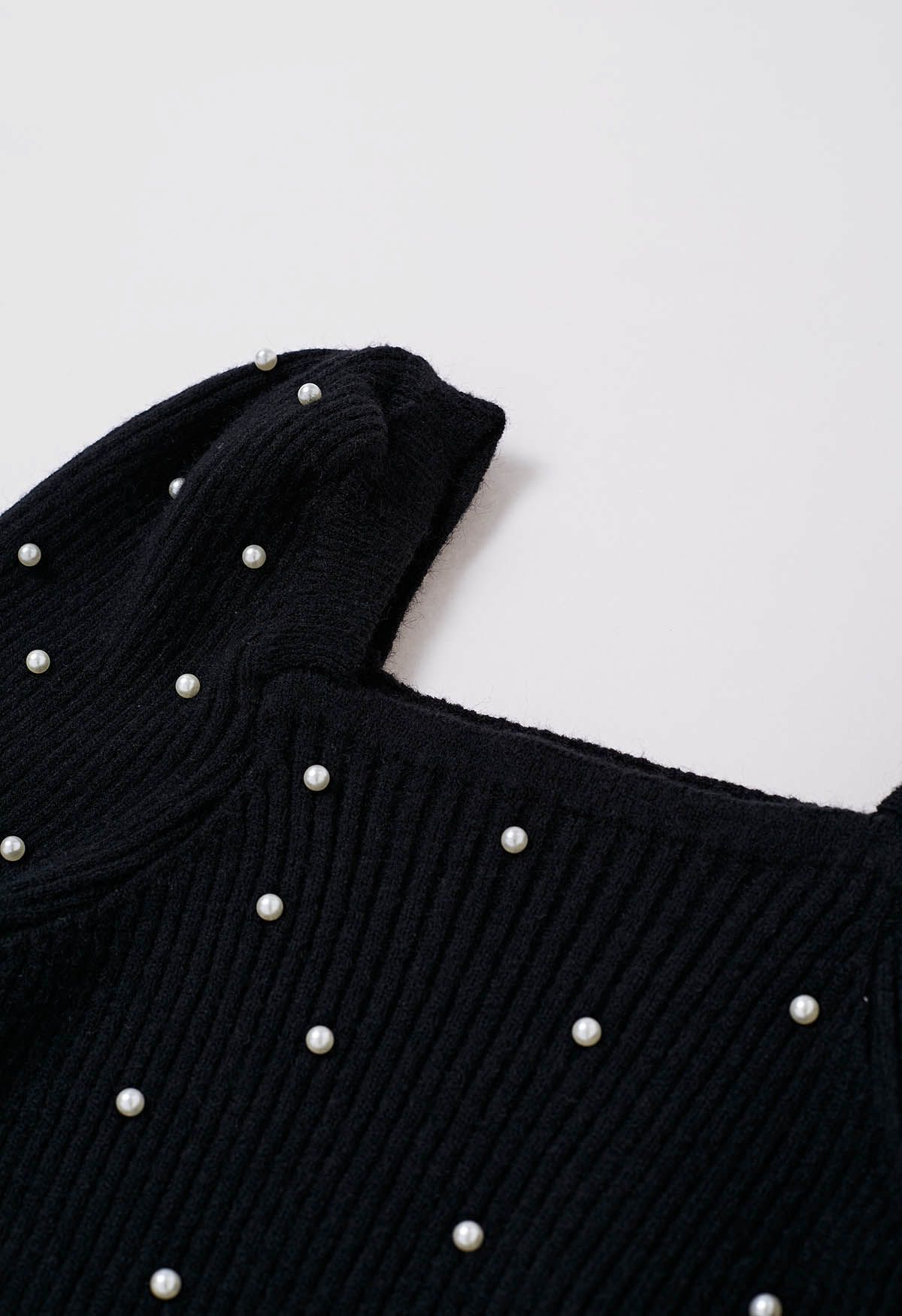 Pearl Adorned Square Neck Knit Top in Black