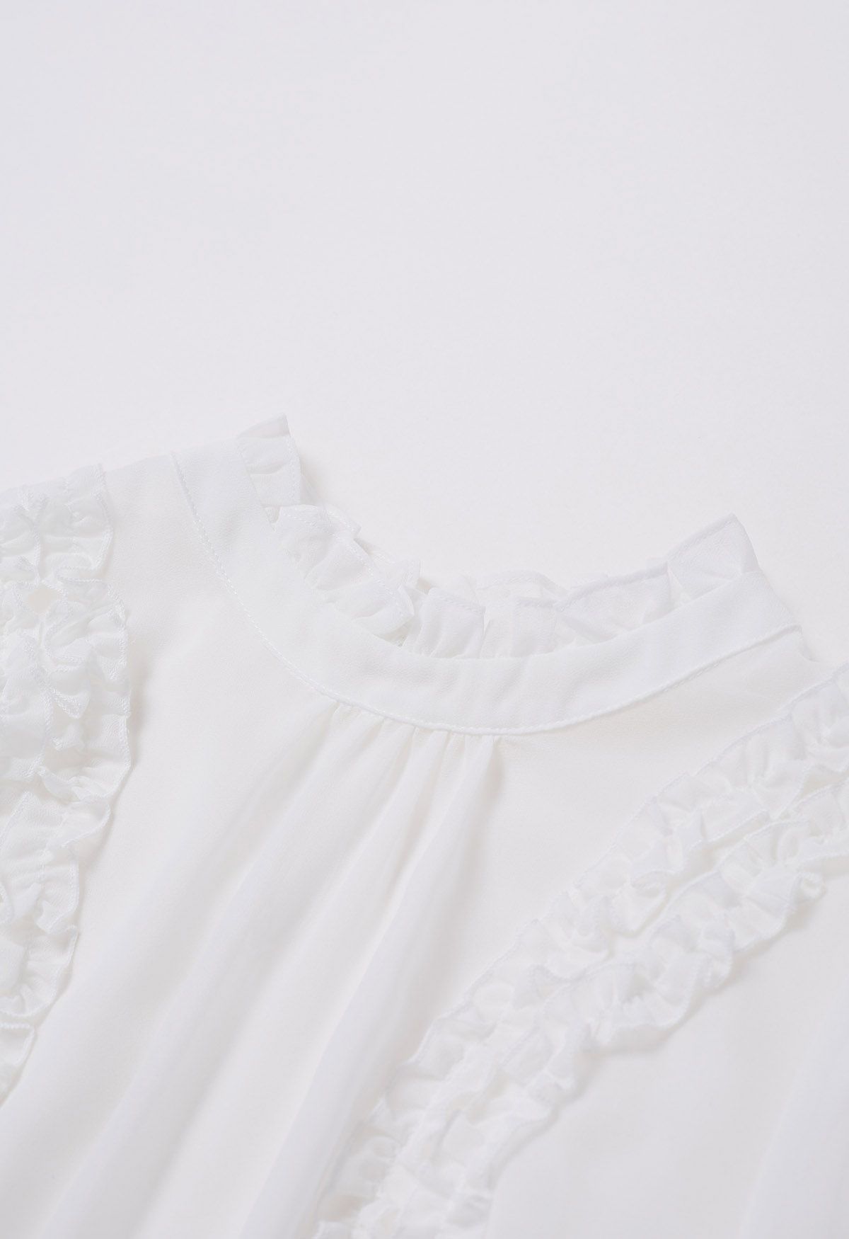 Ruffle Adorned Bubble Sleeves Chiffon Top in White