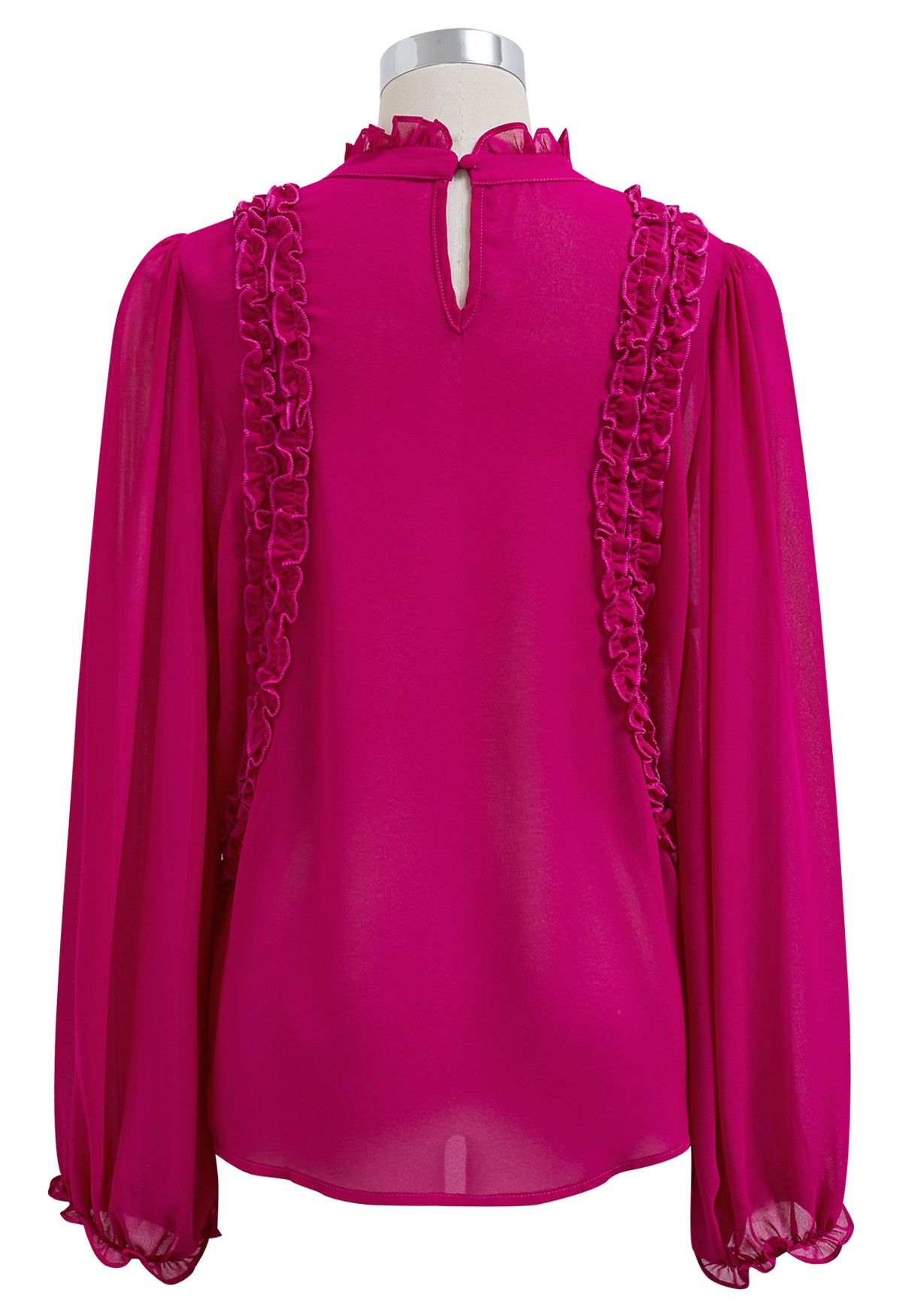 Ruffle Adorned Bubble Sleeves Chiffon Top in Hot Pink