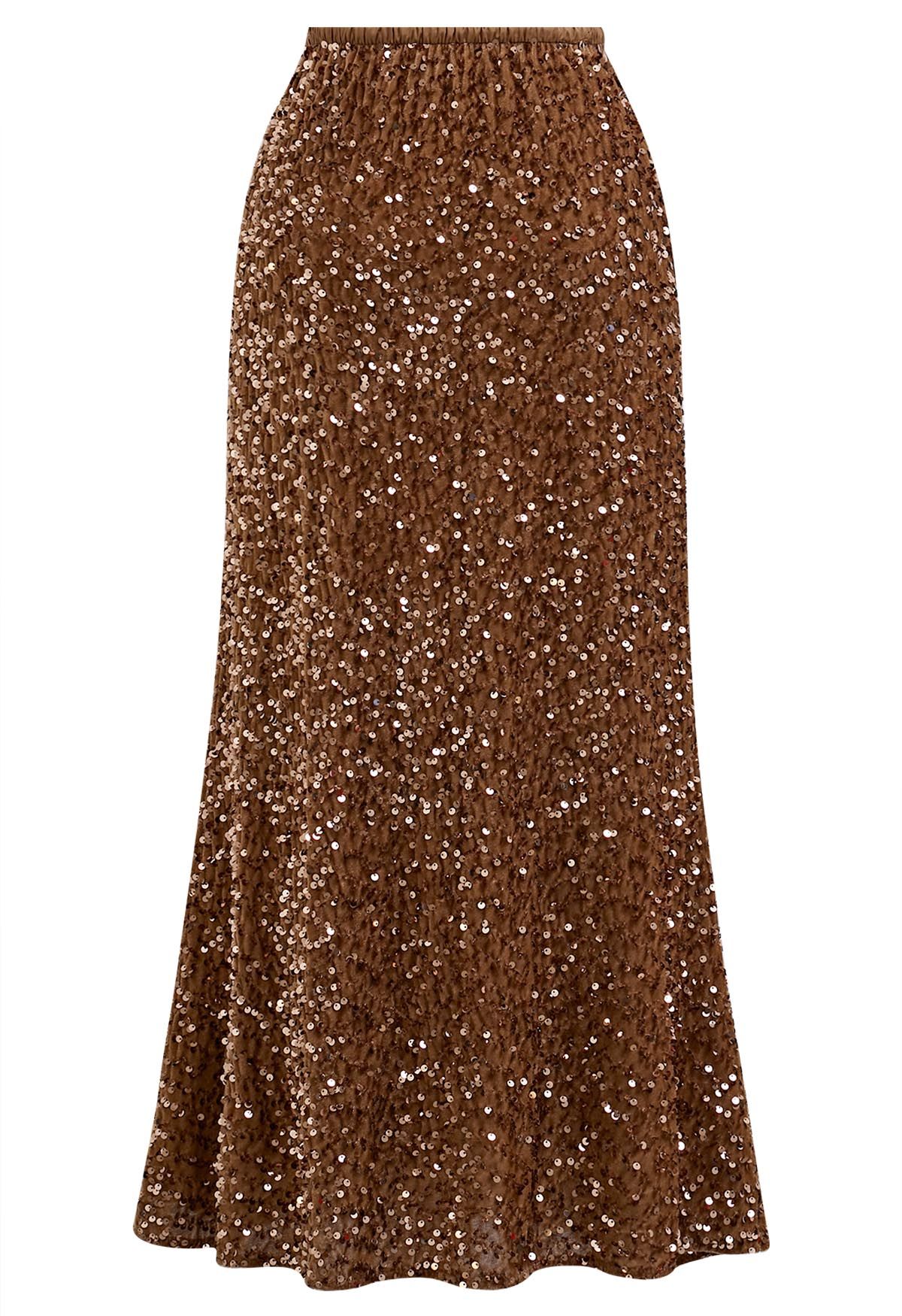 Dazzling Dream Sequin Velvet Maxi Skirt in Brown