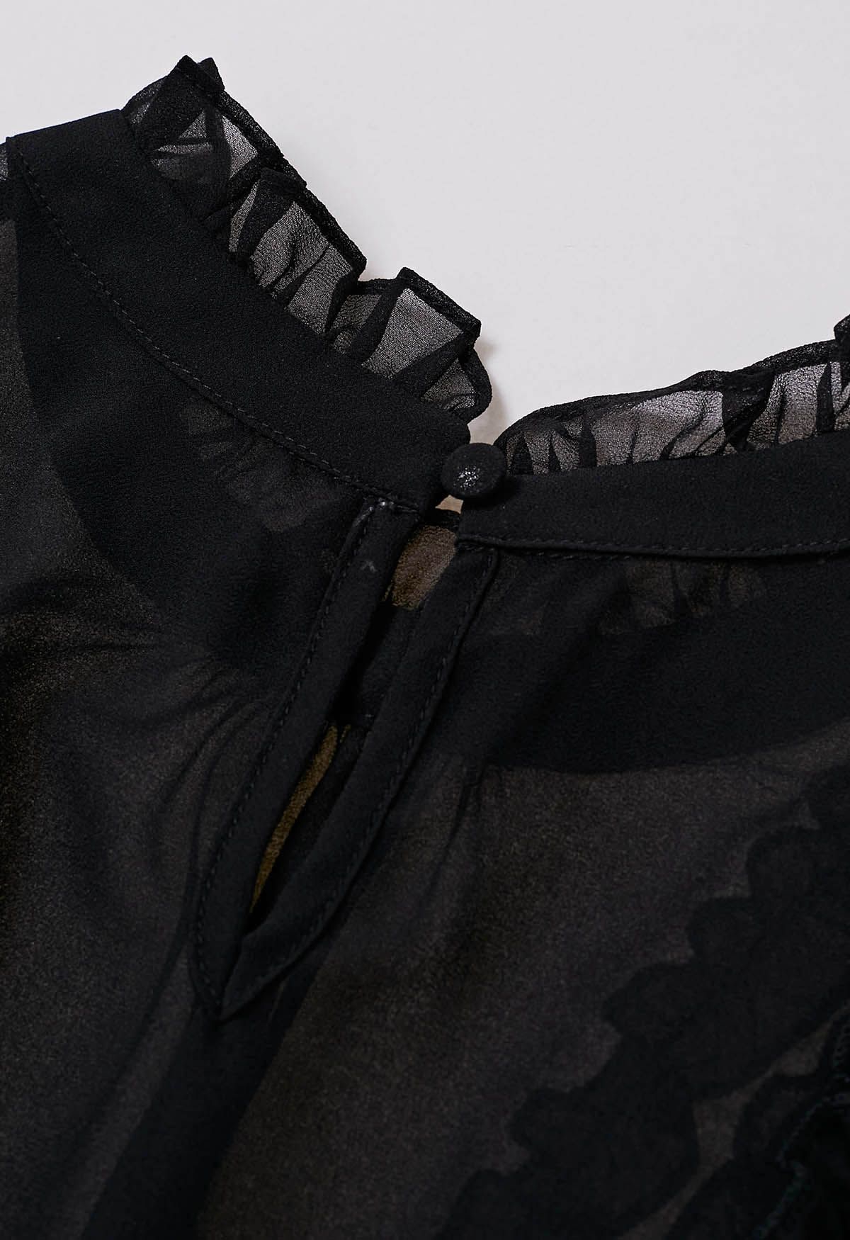 Ruffle Adorned Bubble Sleeves Chiffon Top in Black