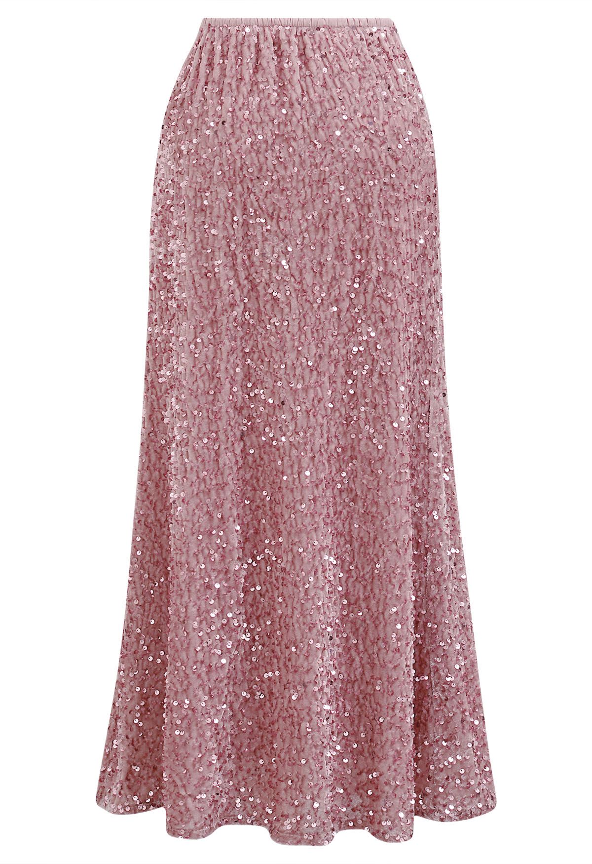 Dazzling Dream Sequin Velvet Maxi Skirt in Pink