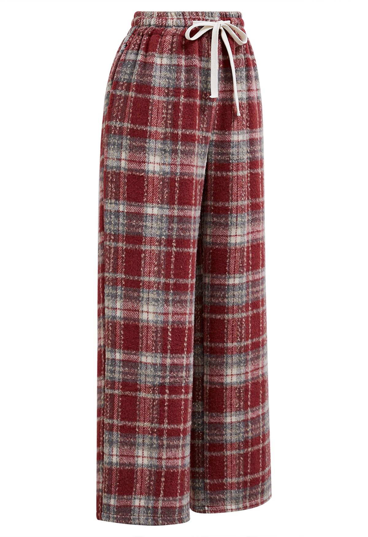 Plaid Wool-Blend Straight-Leg Pants in Red