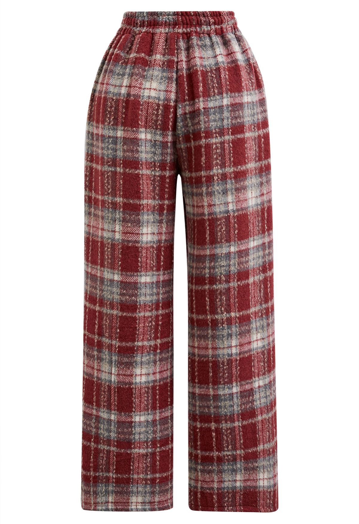 Plaid Wool-Blend Straight-Leg Pants in Red