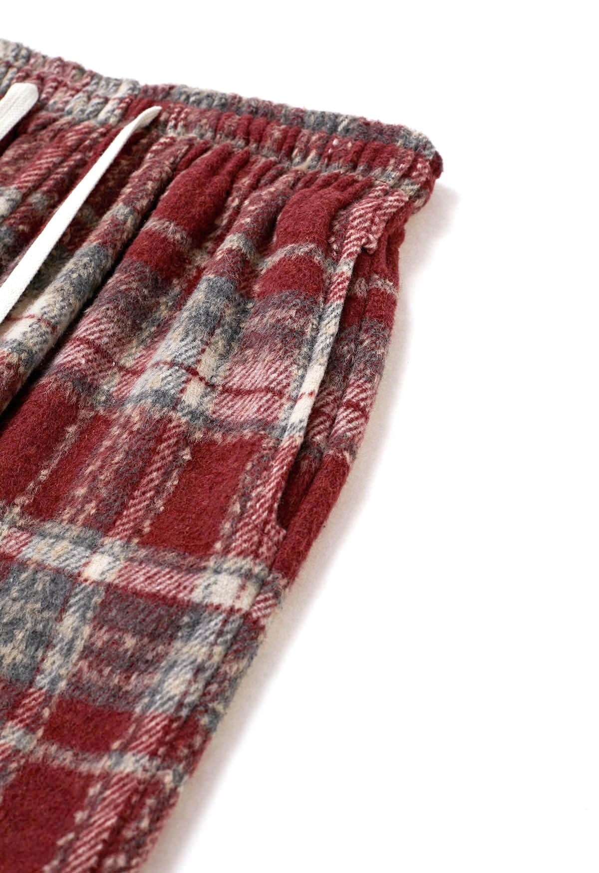 Plaid Wool-Blend Straight-Leg Pants in Red