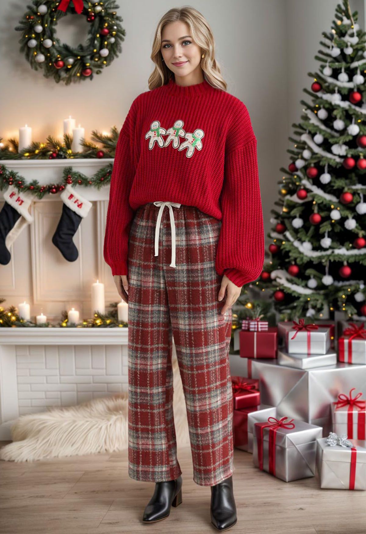 Plaid Wool-Blend Straight-Leg Pants in Red