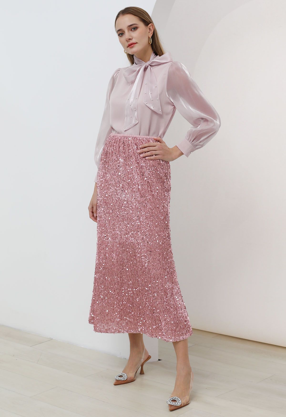 Dazzling Dream Sequin Velvet Maxi Skirt in Pink