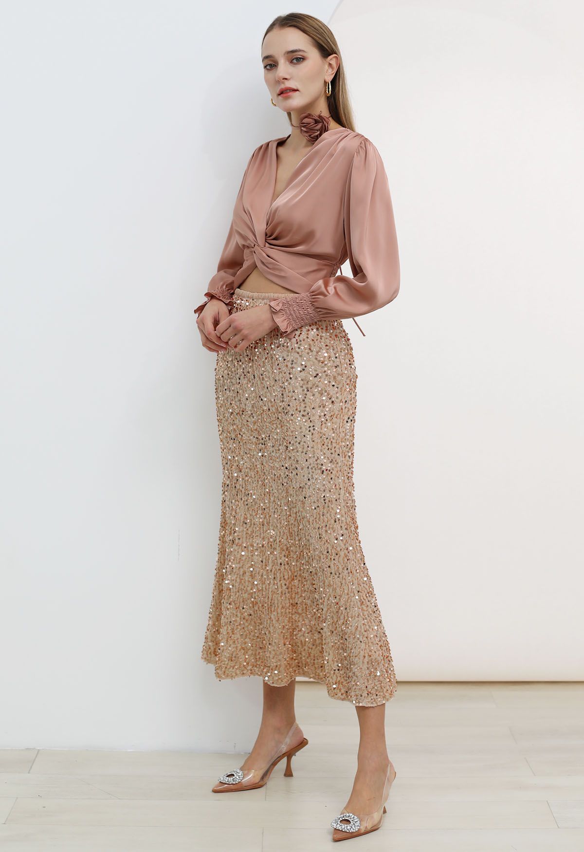 Dazzling Dream Sequin Velvet Maxi Skirt in Champagne