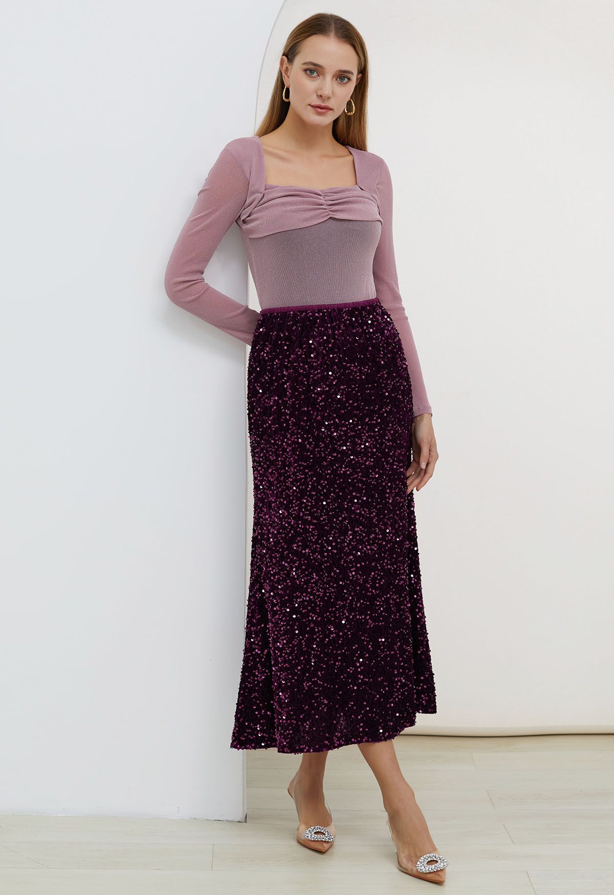 Dazzling Dream Sequin Velvet Maxi Skirt in Purple