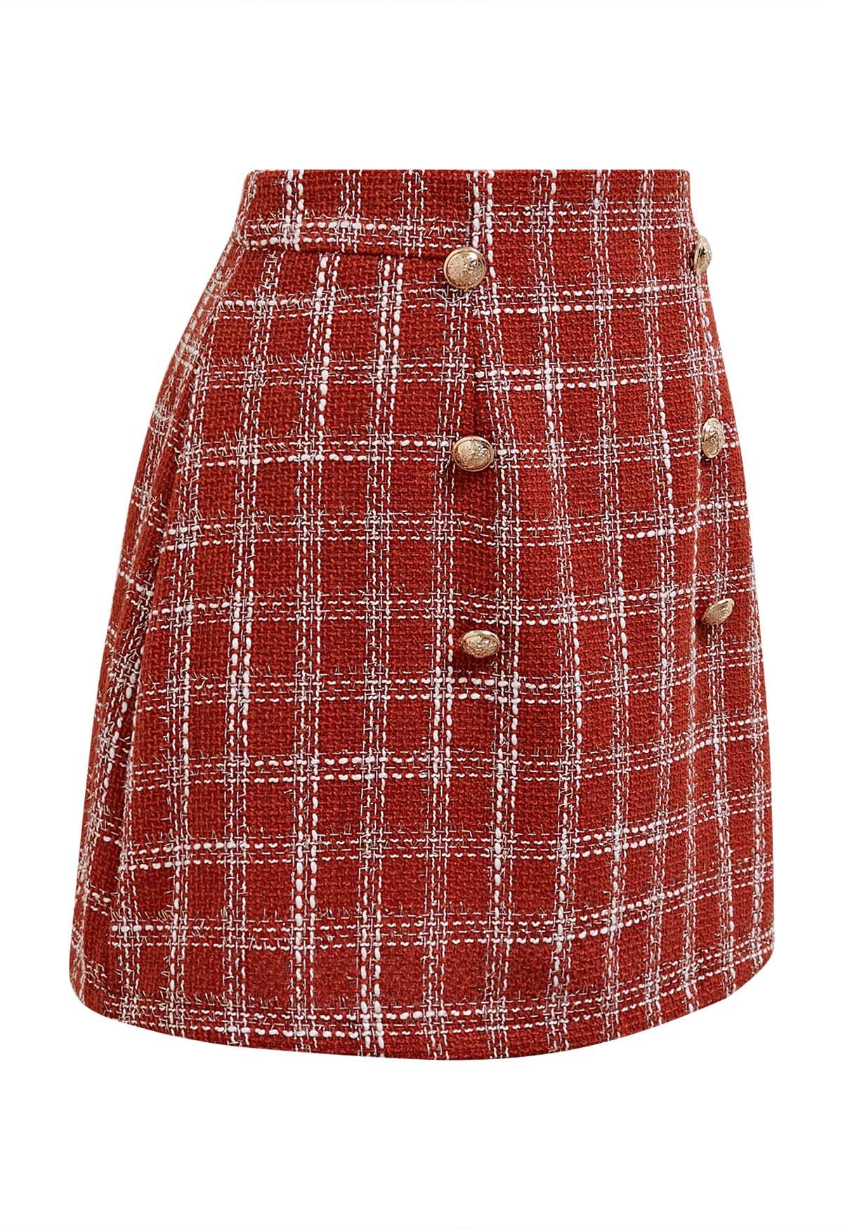 Golden Buttons Red Check Tweed Mini Skirt