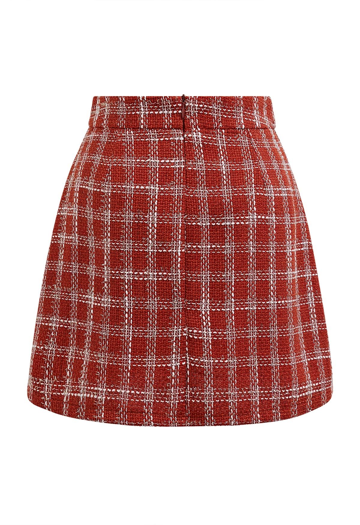 Golden Buttons Red Check Tweed Mini Skirt