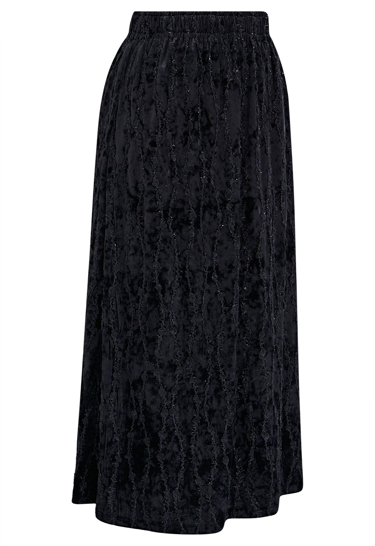 3D Floret Shimmer Fringe Velvet Midi Skirt in Black