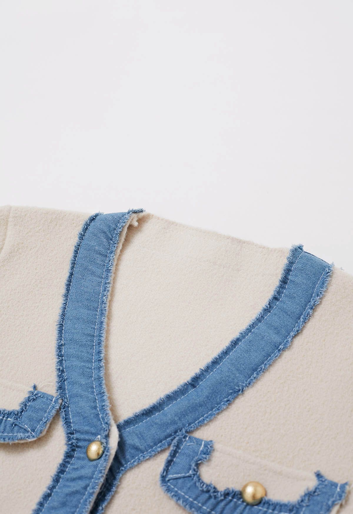 Frayed Denim Edge Spliced Button Knit Cardigan in Cream