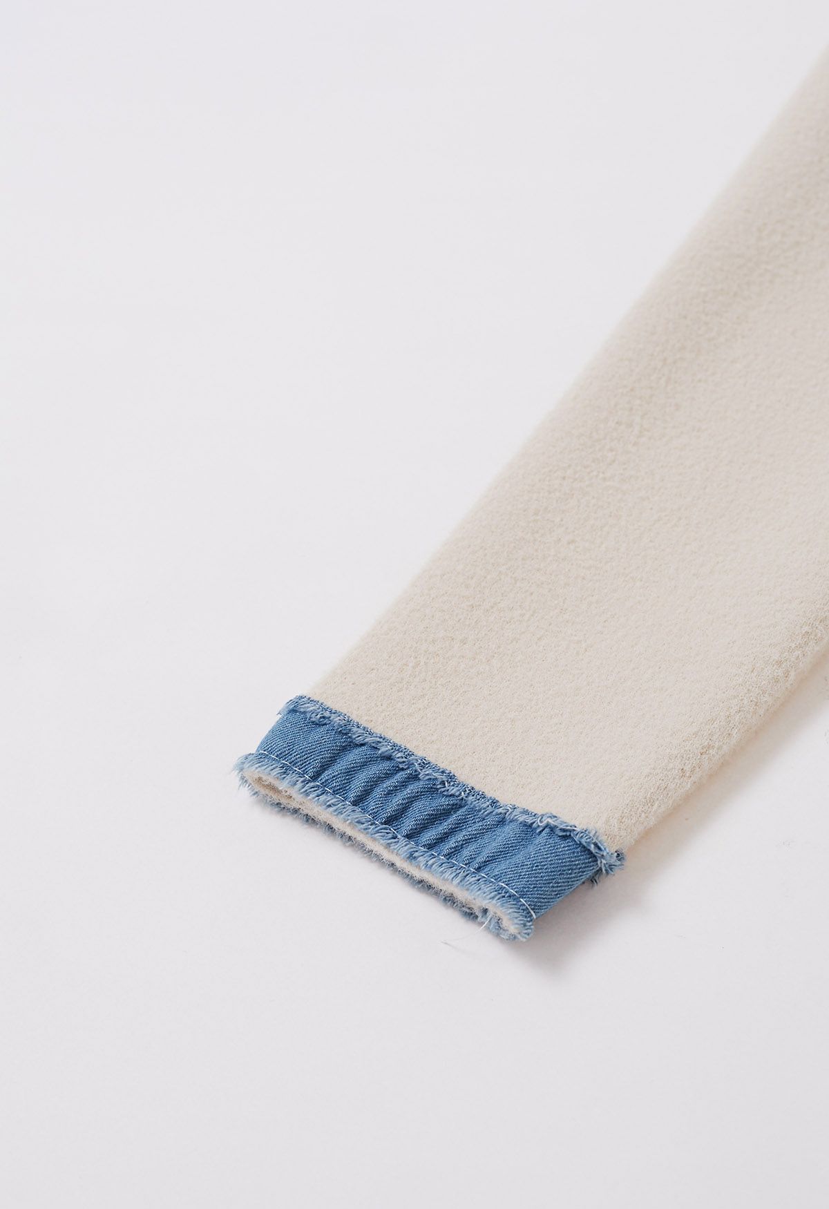 Frayed Denim Edge Spliced Button Knit Cardigan in Cream