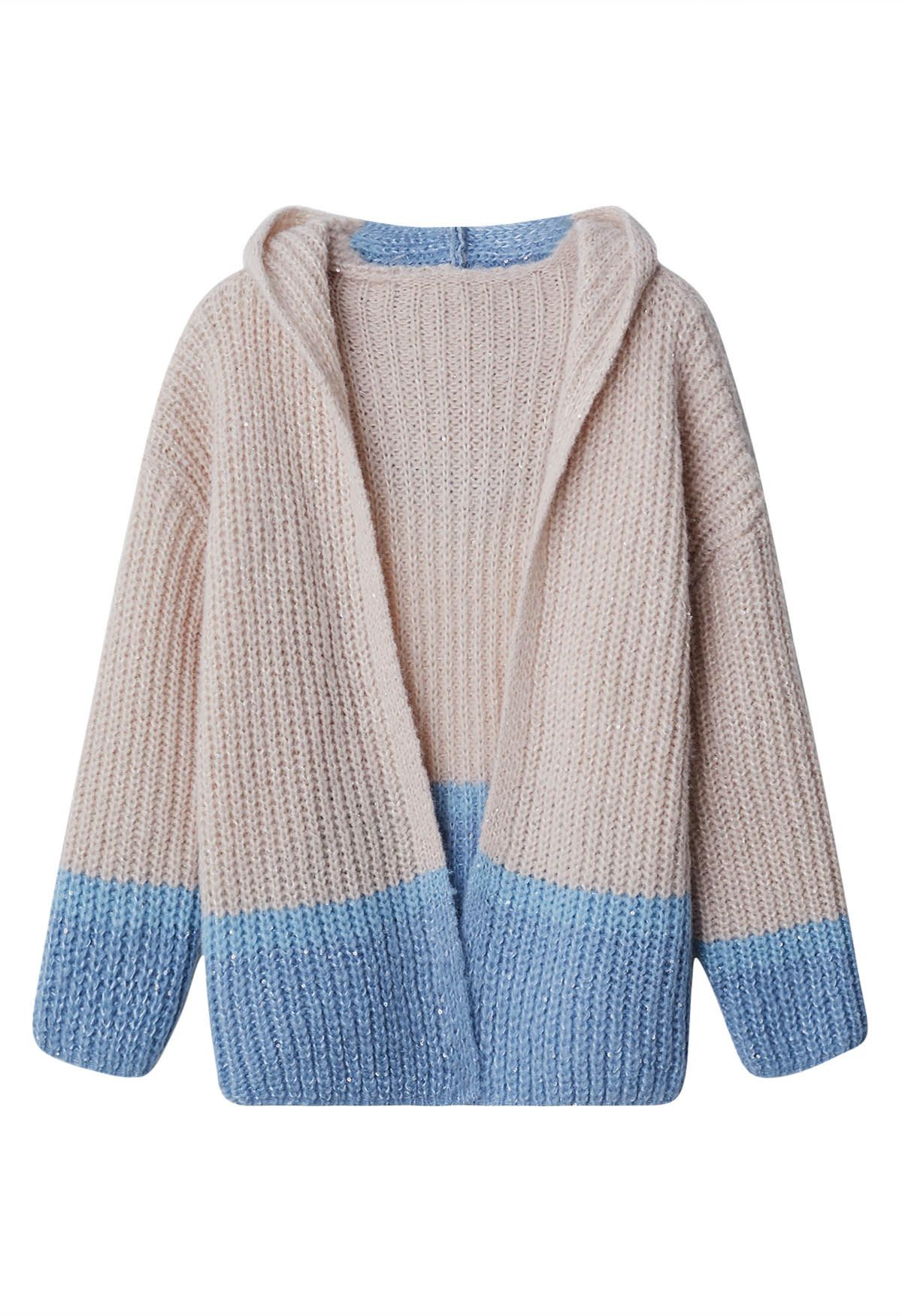 Gradient Blue Sequin Open Front Hooded Knit Cardigan