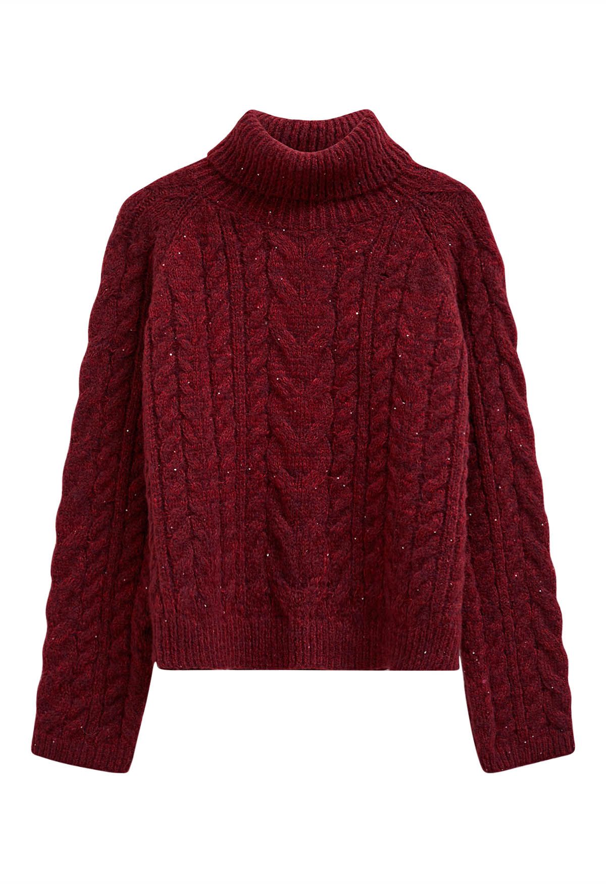 Turtleneck Sequin Cable Knit Sweater in Red