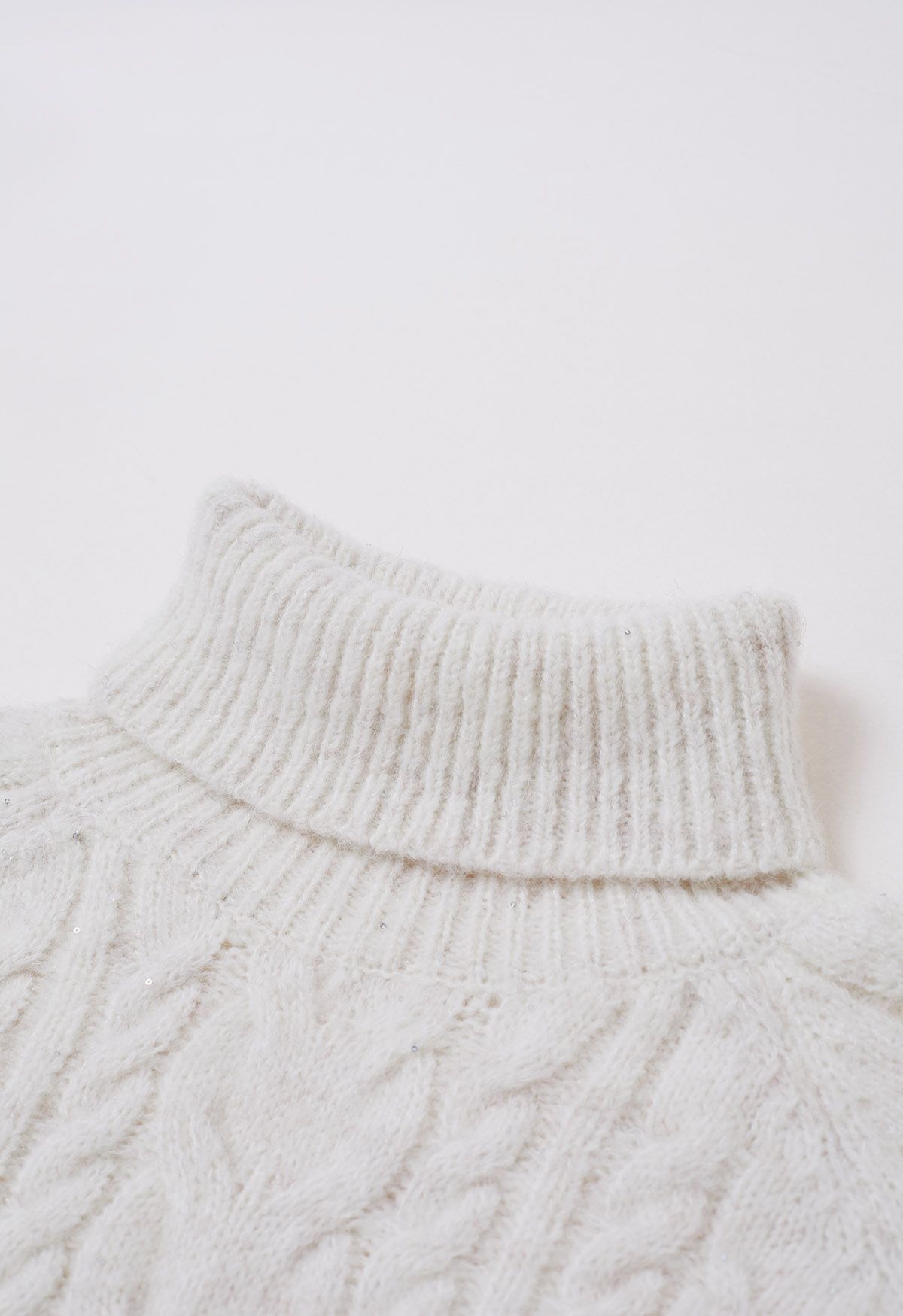 Turtleneck Sequin Cable Knit Sweater in White