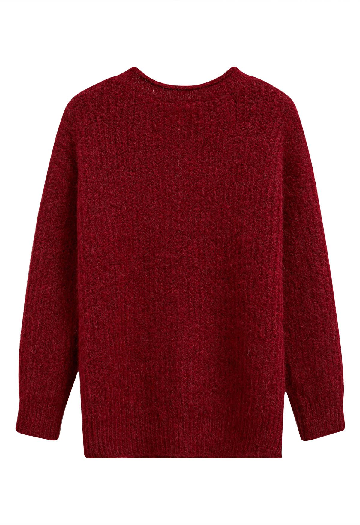 Zipper Decorated Fuzzy Knit Sweater in Red