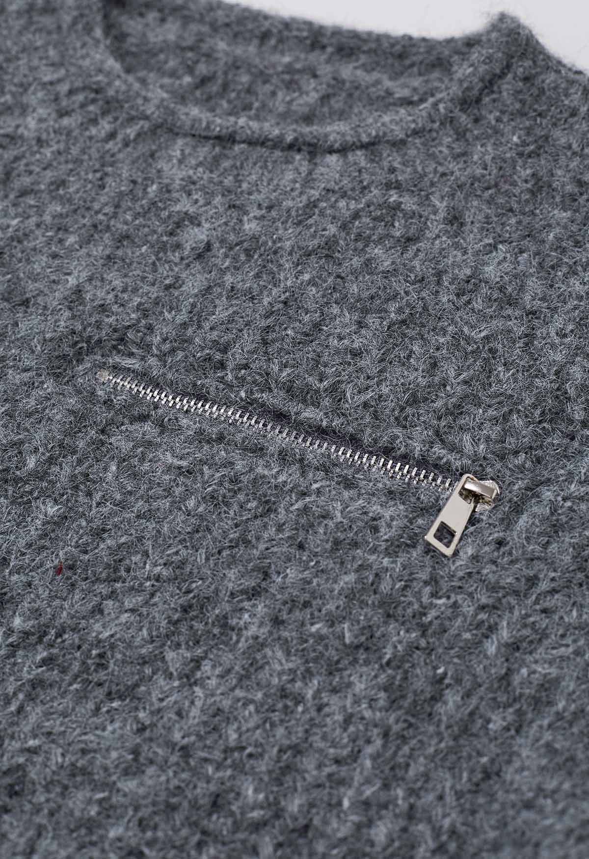 Zipper Decorated Fuzzy Knit Sweater in Grey