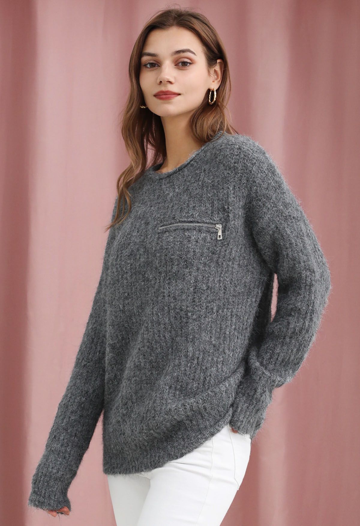 Zipper Decorated Fuzzy Knit Sweater in Grey