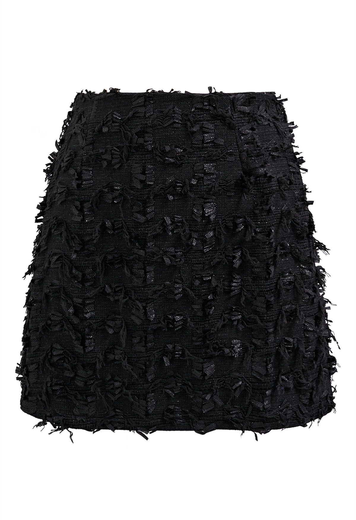 Adorable Fringe Tweed Mini Bud Skirt in Black