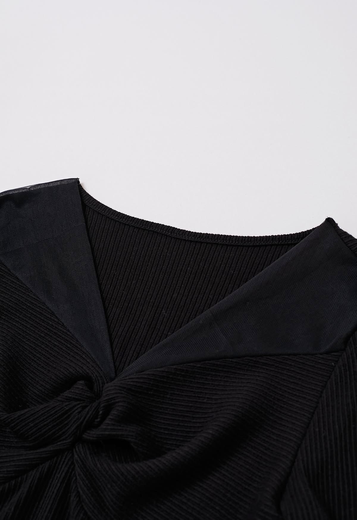 Twisted Mesh Spliced Knit Top in Black