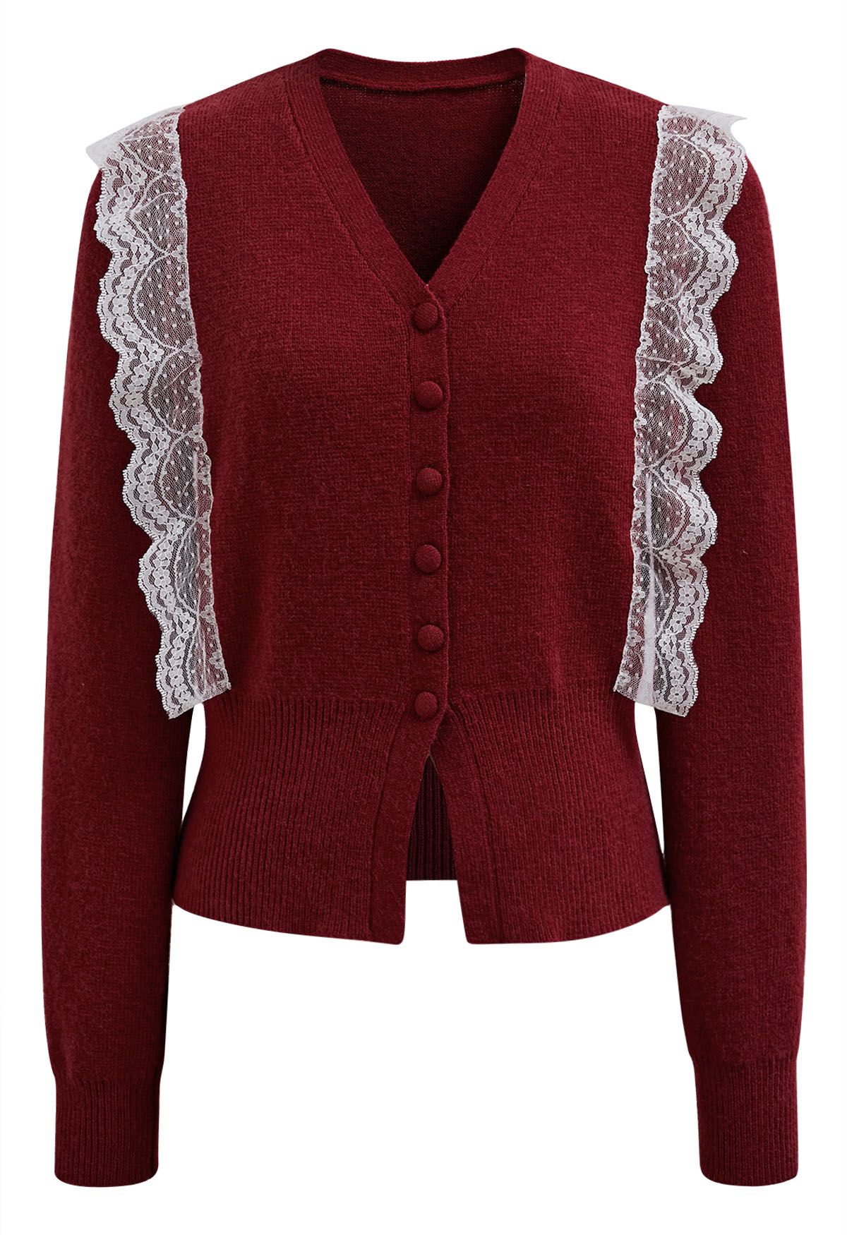 Lace Trimmed V-Neck Knit Cardigan in Red