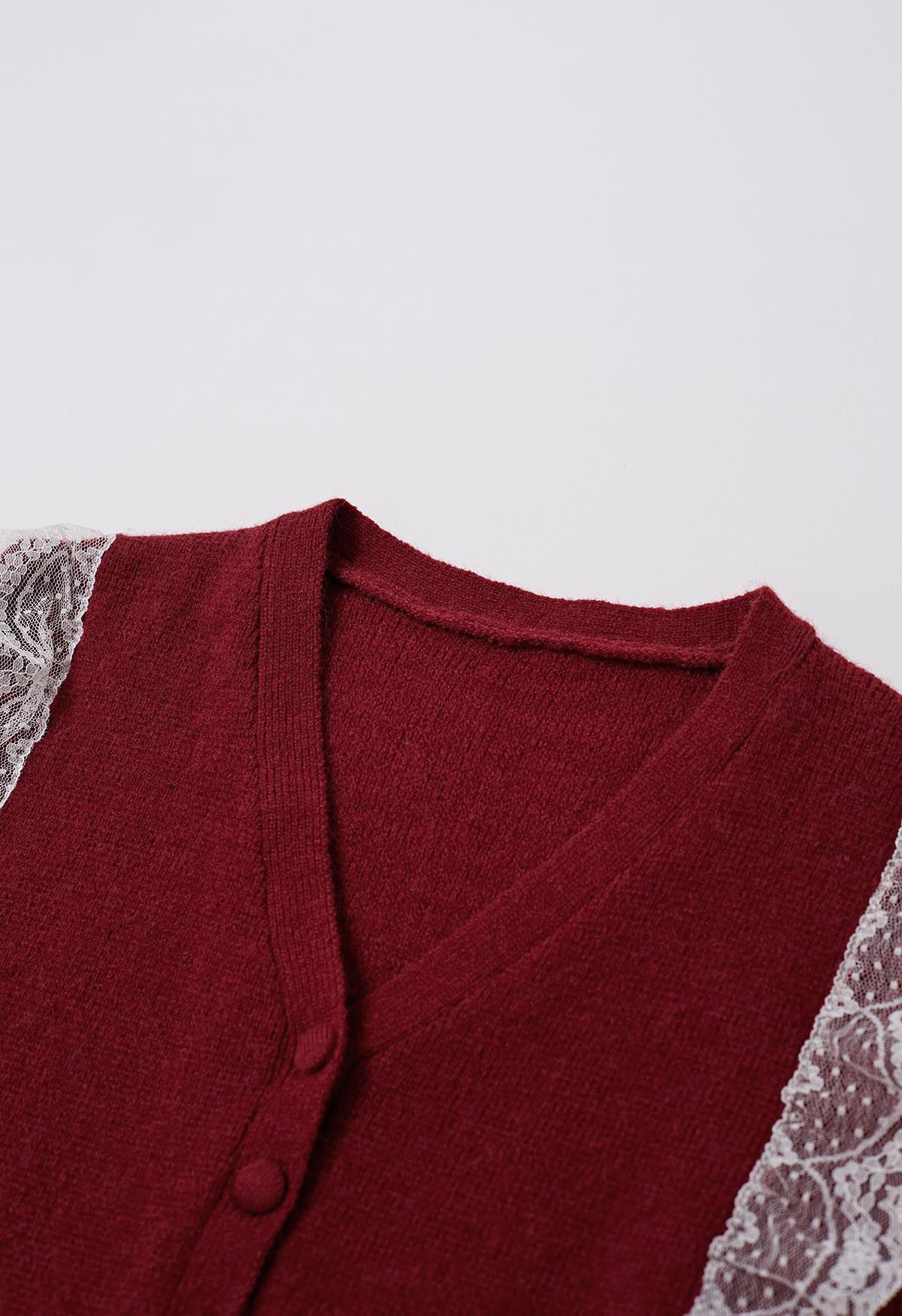 Lace Trimmed V-Neck Knit Cardigan in Red