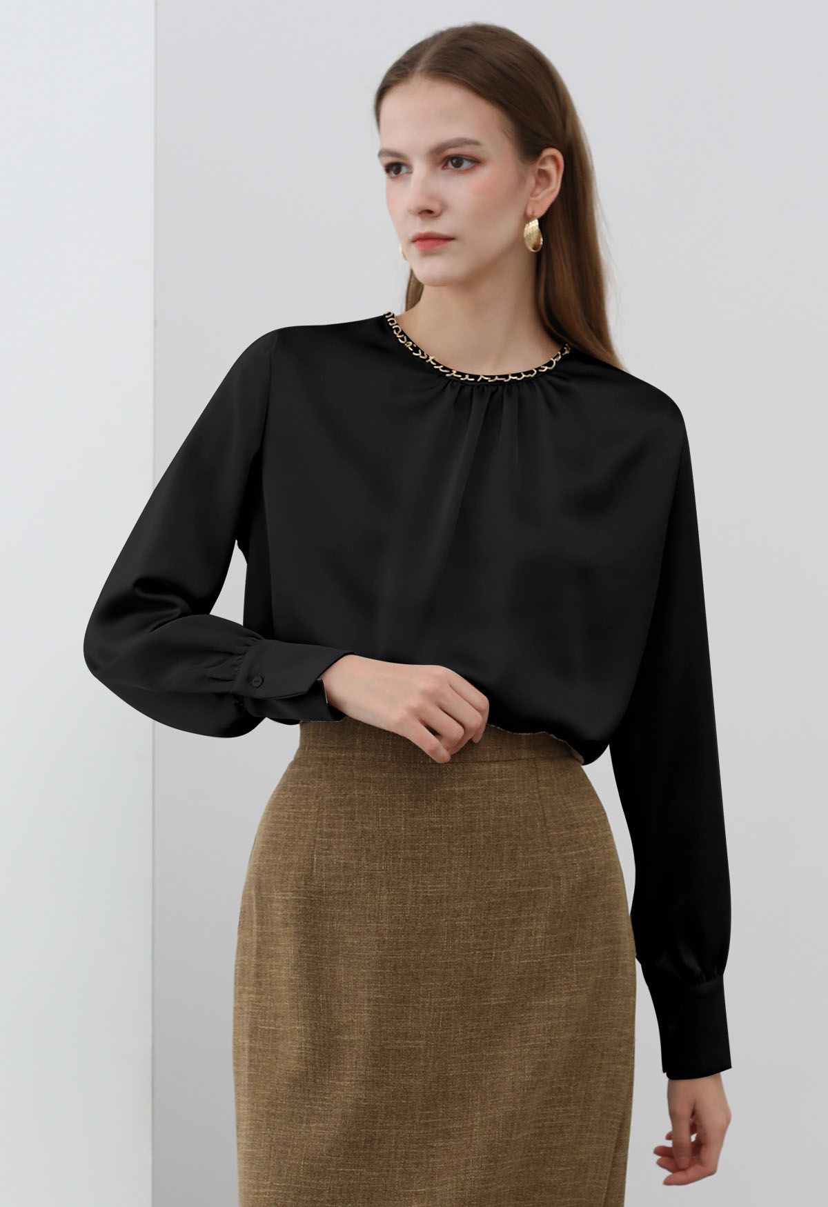 Tailored Chain Neck Satin Top in Black