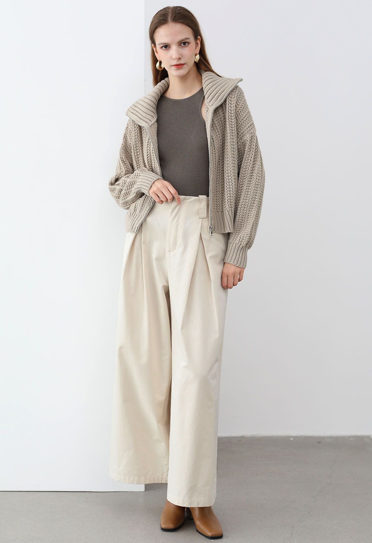 High Neck Chunky Knit Zip Up Cardigan in Khaki