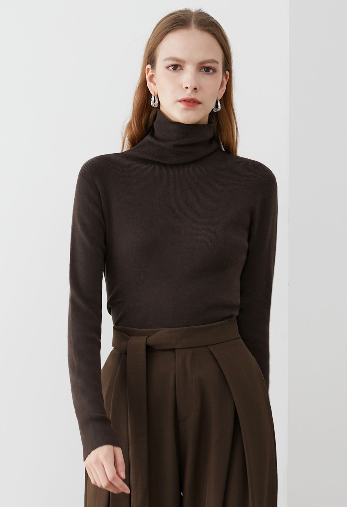 Side Pleat High Neck Ribbed Knit Top in Brown