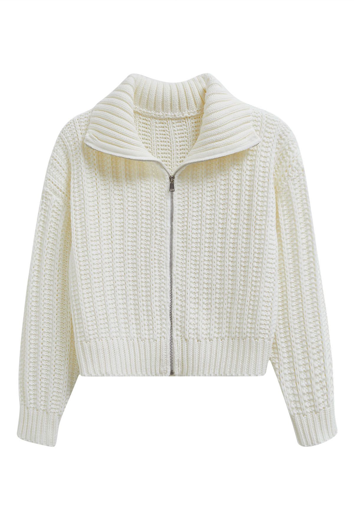 High Neck Chunky Knit Zip Up Cardigan in White