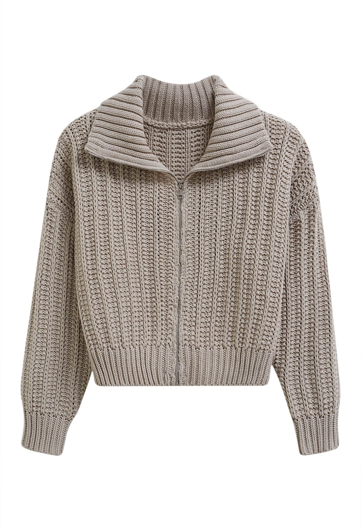 High Neck Chunky Knit Zip Up Cardigan in Khaki