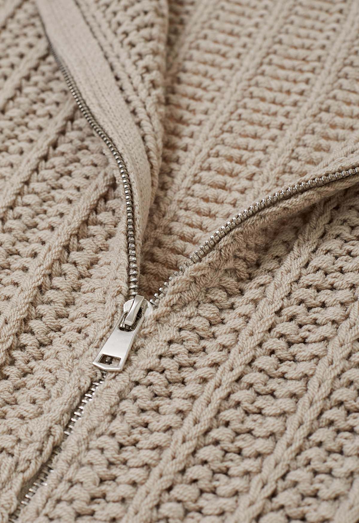 High Neck Chunky Knit Zip Up Cardigan in Khaki