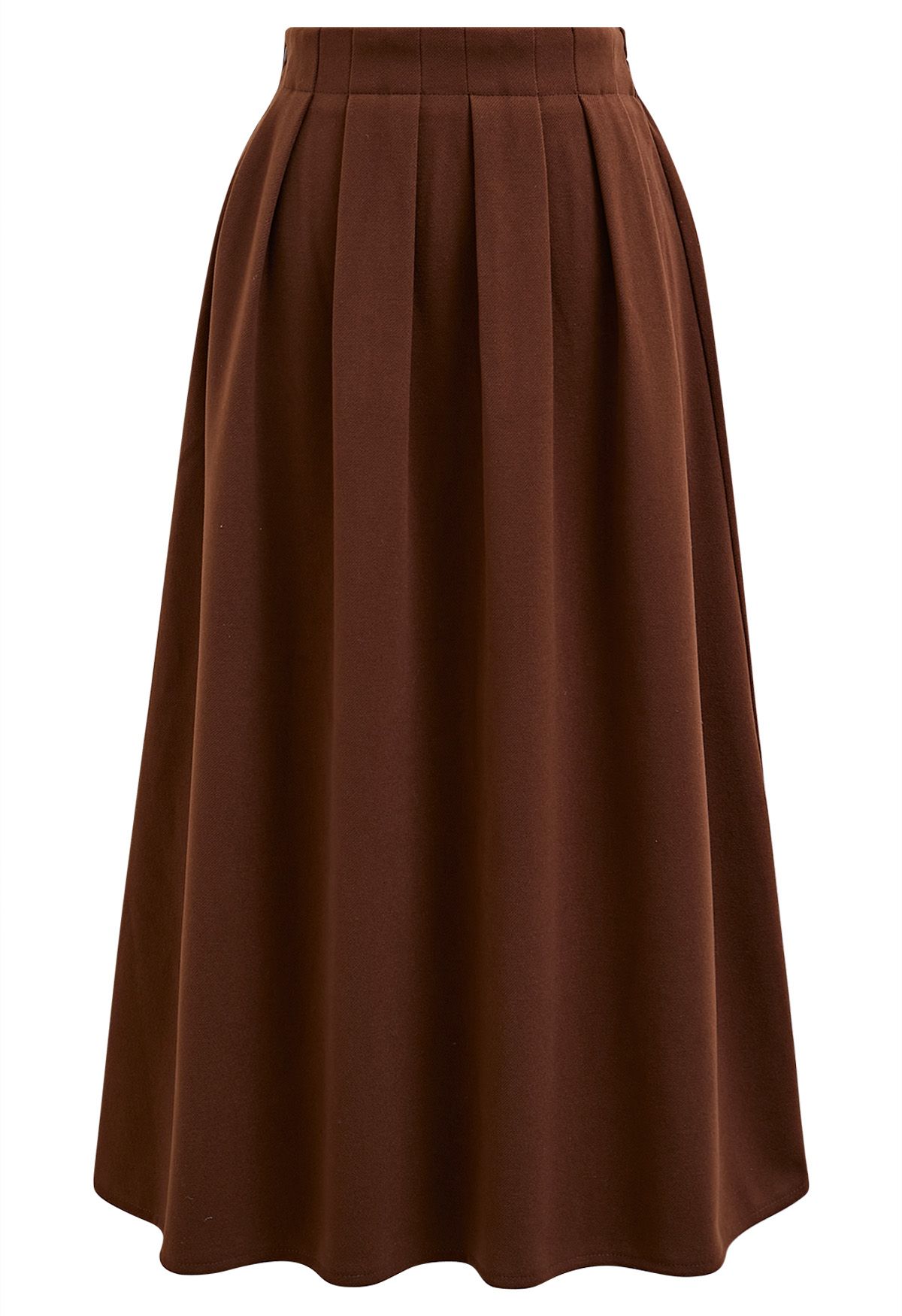 Solid Color Wool-Blend Pleated Midi Skirt in Caramel